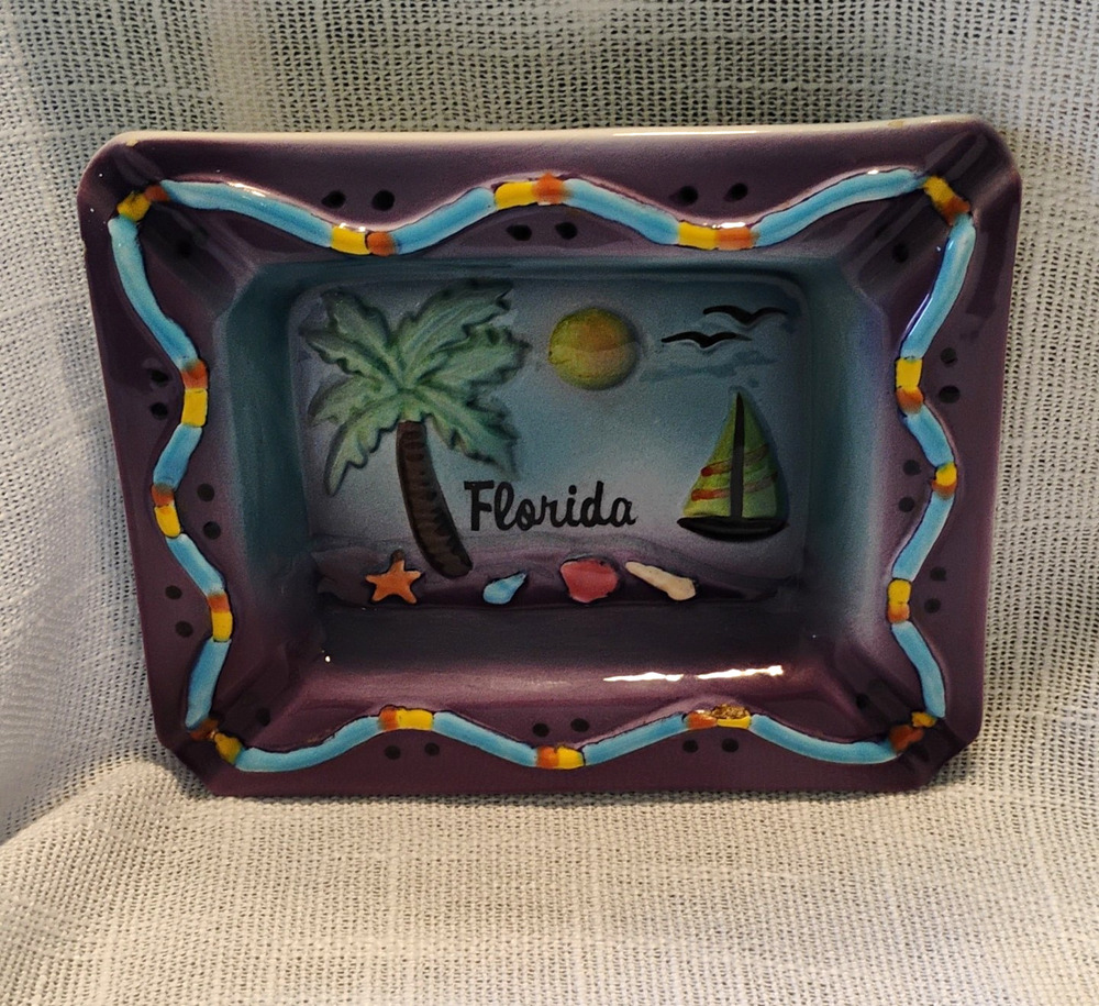 Florida Souvenir Ceramic Tobacco Ashtray Rectangular Dish Purple Border